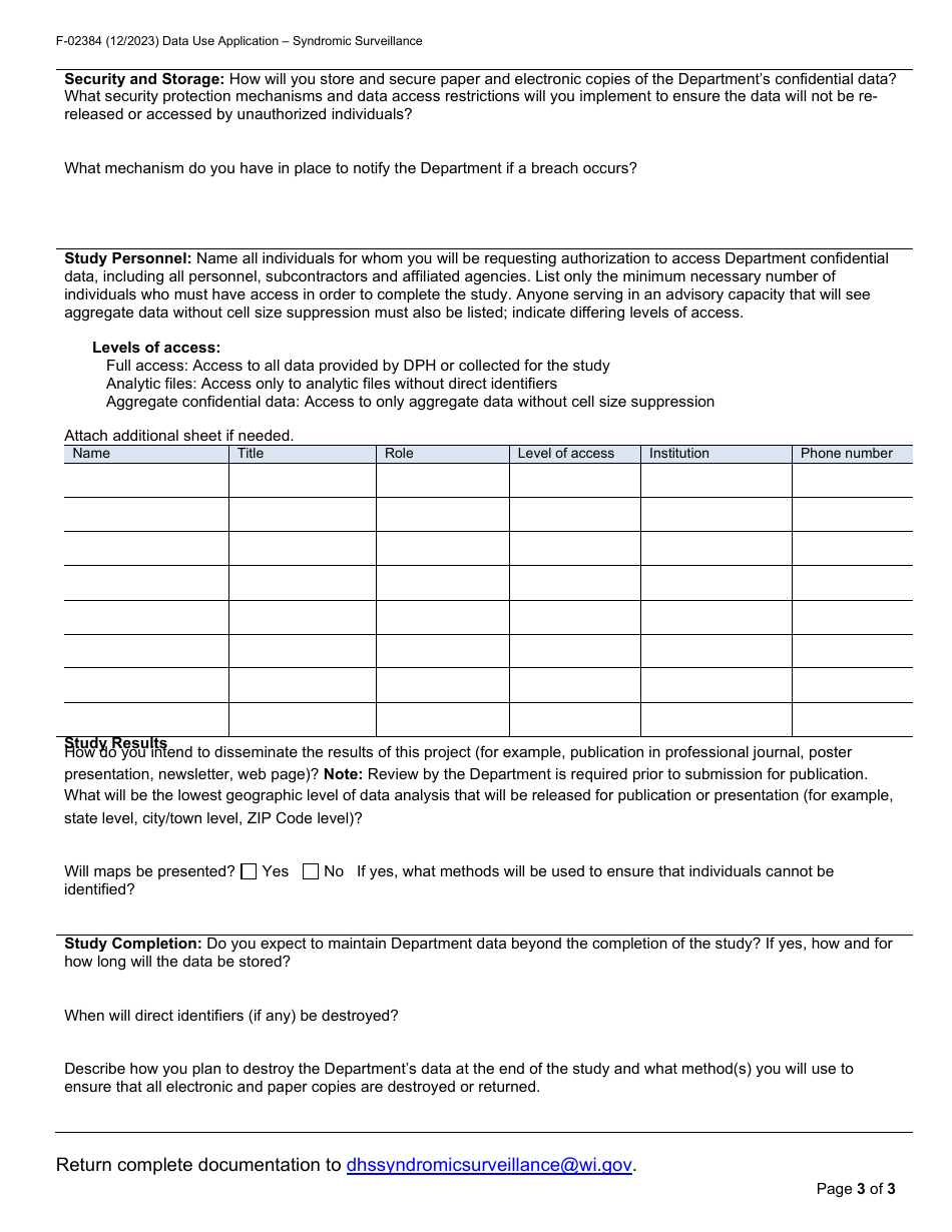 Form F-02384 Syndromic Surveillance Data Use Application - Wisconsin, Page 3