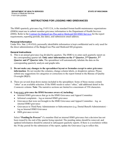 Instructions for Form F-03112A HMO Quarterly Grievance Log - Wisconsin