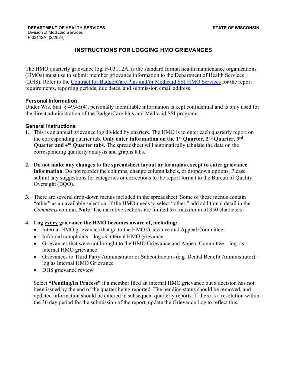 Instructions for Form F-03112A HMO Quarterly Grievance Log - Wisconsin, Page 1