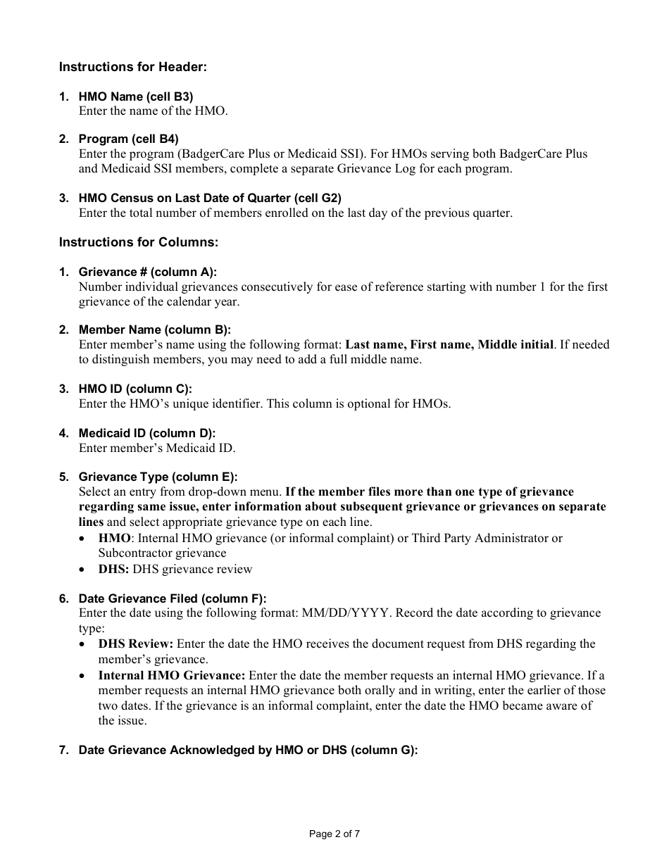 Instructions for Form F-03112A HMO Quarterly Grievance Log - Wisconsin, Page 2