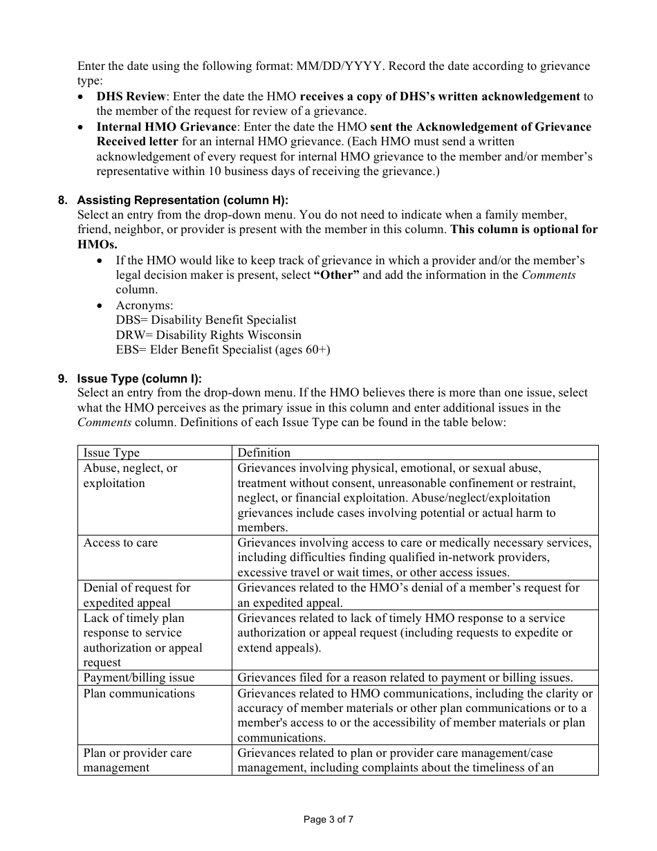 Instructions for Form F-03112A HMO Quarterly Grievance Log - Wisconsin, Page 3