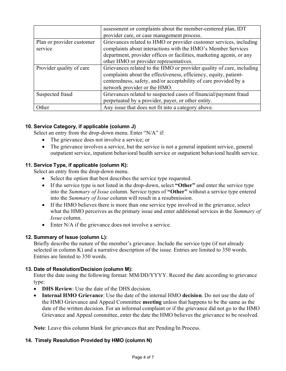 Instructions for Form F-03112A HMO Quarterly Grievance Log - Wisconsin, Page 4
