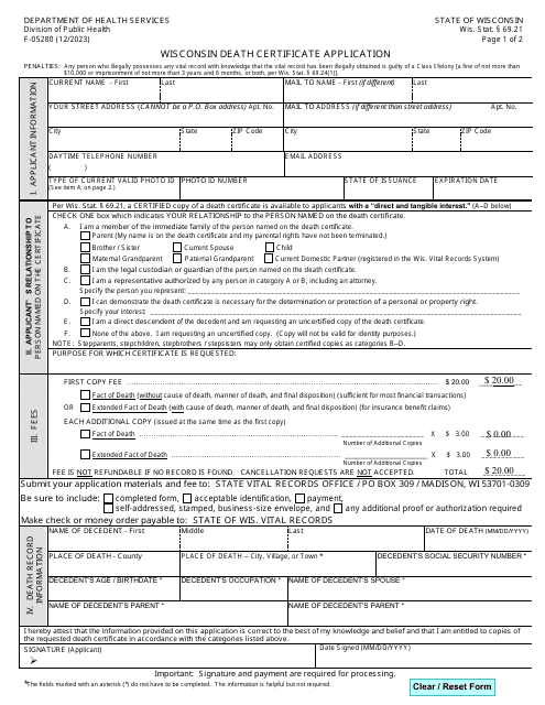 Form F-05280 Wisconsin Death Certificate Application - Wisconsin