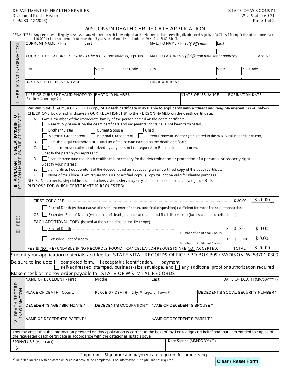 Form F-05280 Wisconsin Death Certificate Application - Wisconsin, Page 1