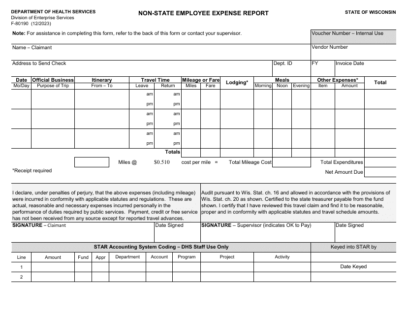 Form F-80190 Non-state Employee Expense Report - Wisconsin