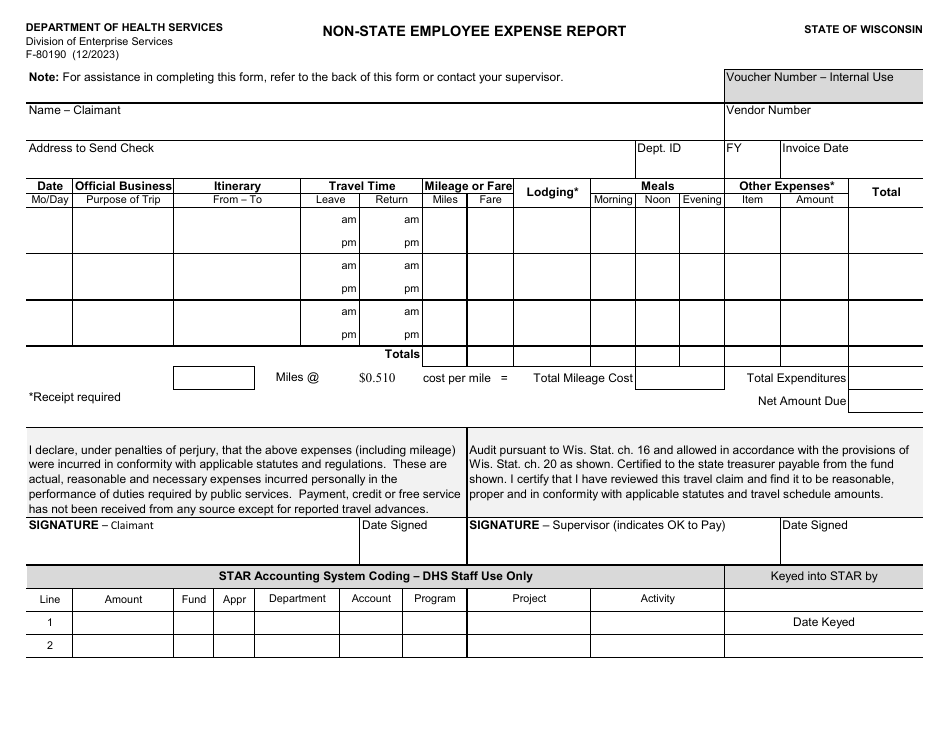 Form F-80190 Non-state Employee Expense Report - Wisconsin, Page 1