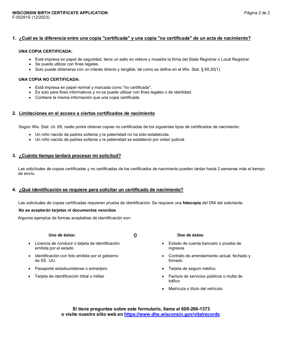 Formulario F-05291S Solicitud De Certificado De Nacimiento De Wisconsin - Wisconsin (Spanish), Page 2