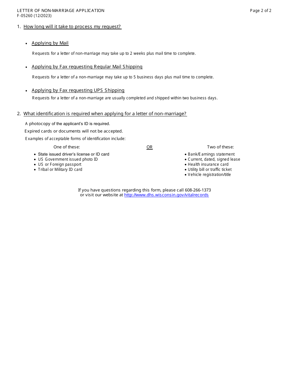Form F-05260 Letter of Non-marriage Application - Wisconsin, Page 2