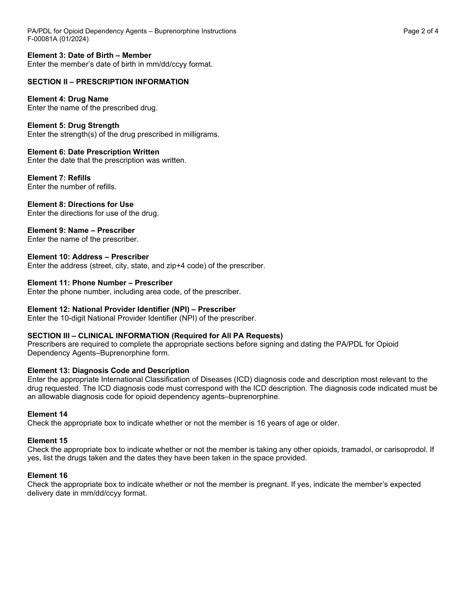Instructions for Form F-00081 Prior Authorization / Preferred Drug List (Pa / Pdl) for Opioid Dependency Agents - Buprenorphine - Wisconsin, Page 2