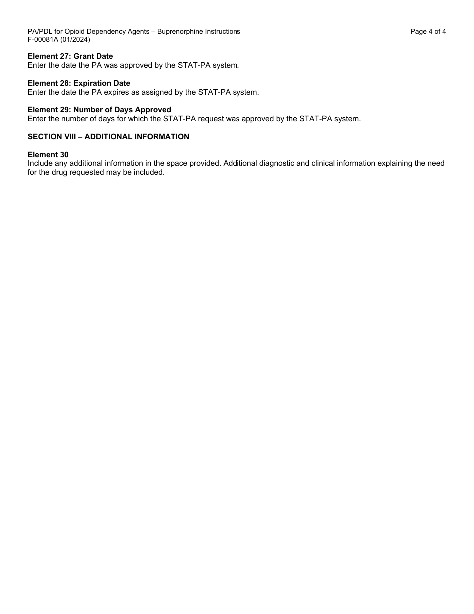 Instructions for Form F-00081 Prior Authorization / Preferred Drug List (Pa / Pdl) for Opioid Dependency Agents - Buprenorphine - Wisconsin, Page 4