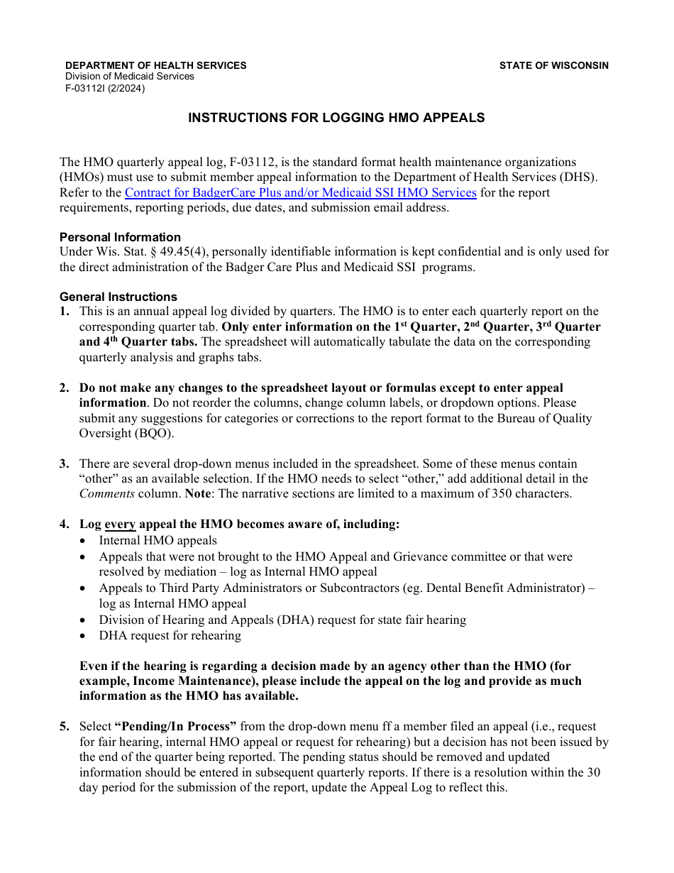 Instructions for Form F-03112 HMO Quarterly Appeals Log - Wisconsin, Page 1