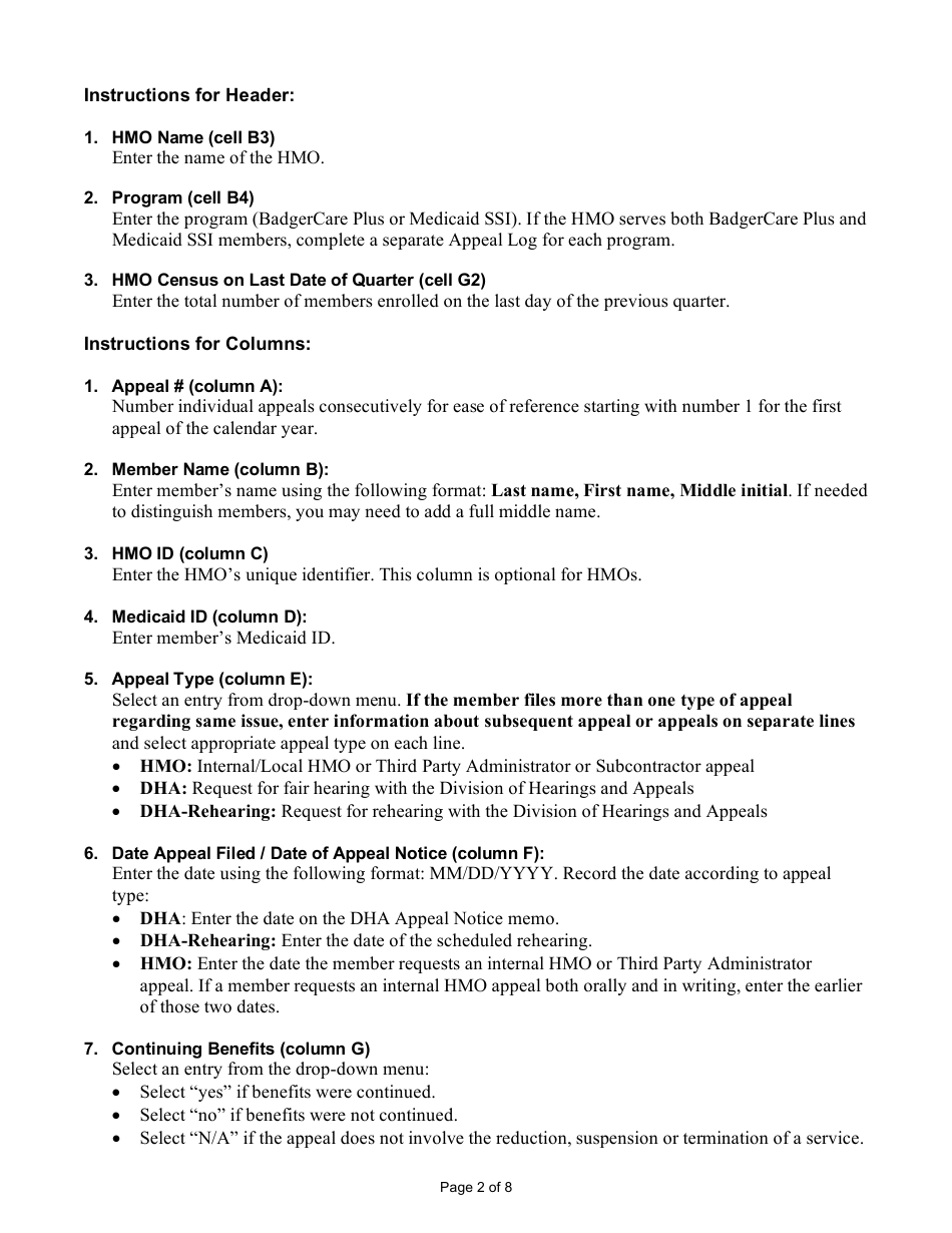 Instructions for Form F-03112 HMO Quarterly Appeals Log - Wisconsin, Page 2