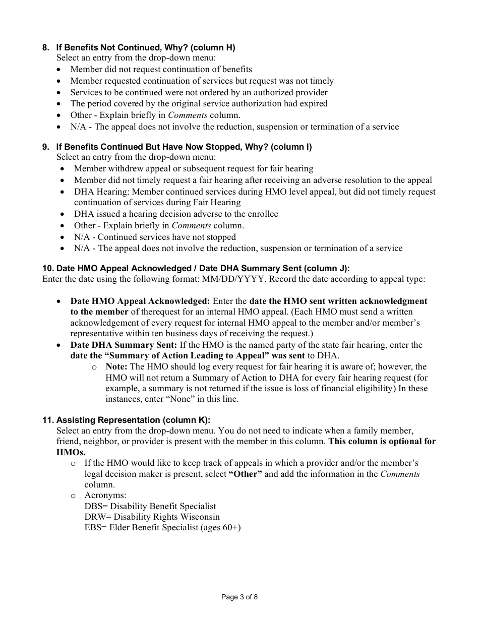 Instructions for Form F-03112 HMO Quarterly Appeals Log - Wisconsin, Page 3