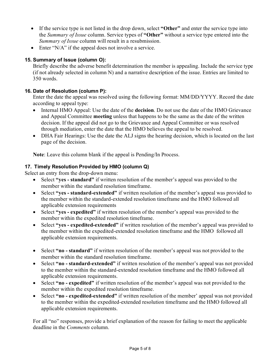 Instructions for Form F-03112 HMO Quarterly Appeals Log - Wisconsin, Page 5