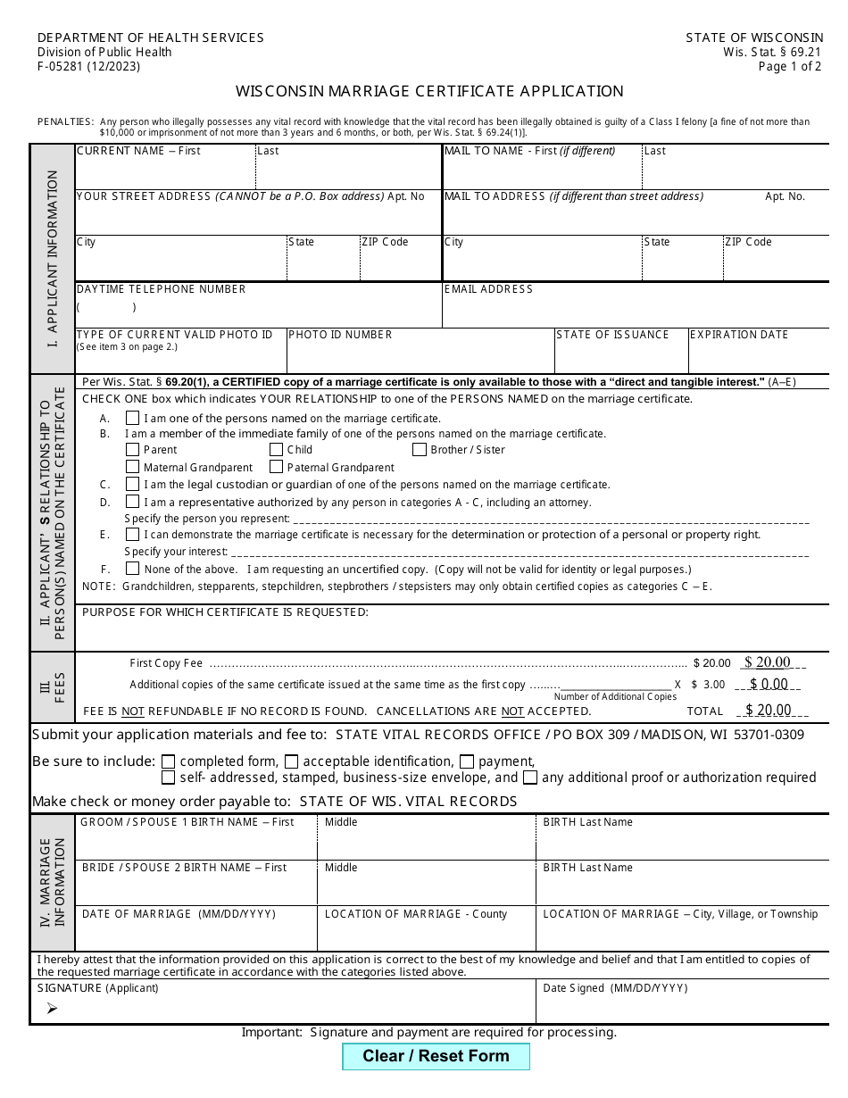 Form F-05281 Wisconsin Marriage Certificate Application - Wisconsin, Page 1