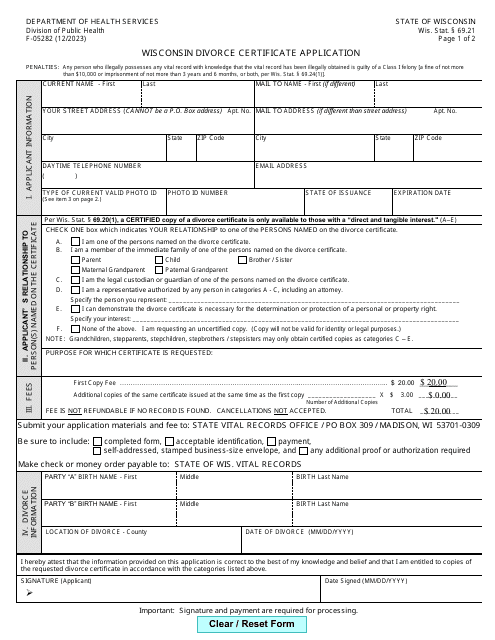 Form F-05282 Wisconsin Divorce Certificate Application - Wisconsin