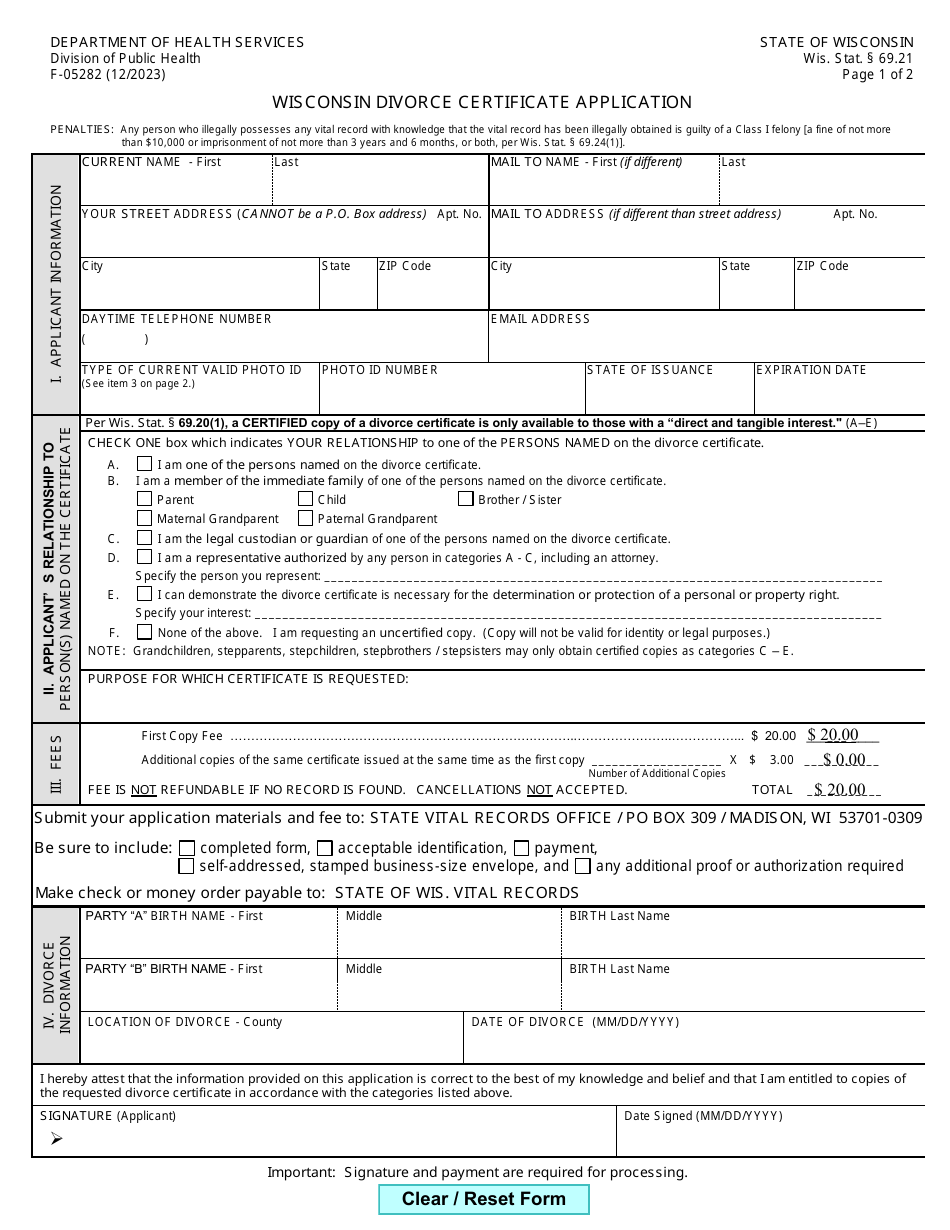 Form F-05282 Wisconsin Divorce Certificate Application - Wisconsin, Page 1