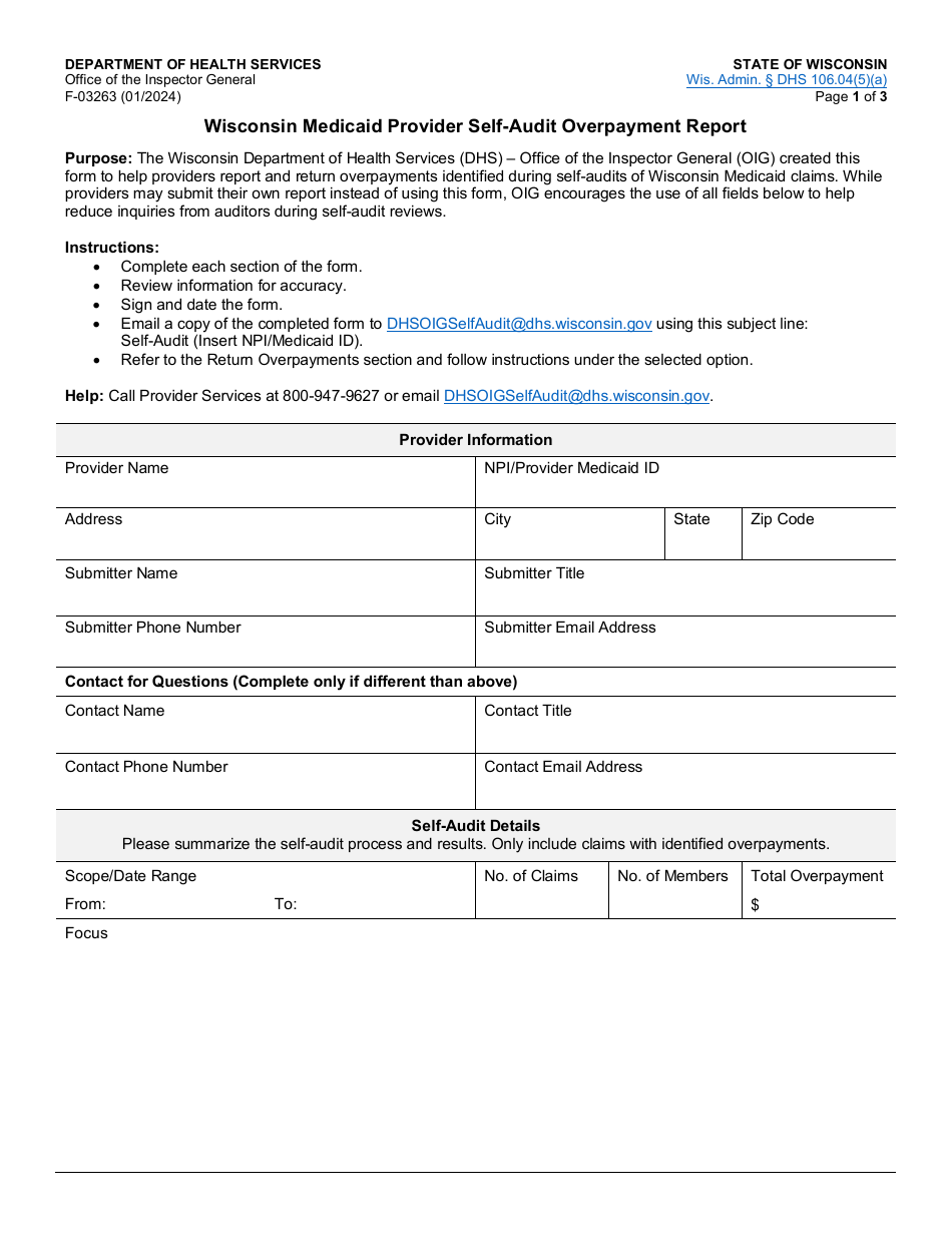Form F-03263 Wisconsin Medicaid Provider Self-audit Overpayment Report - Wisconsin, Page 1