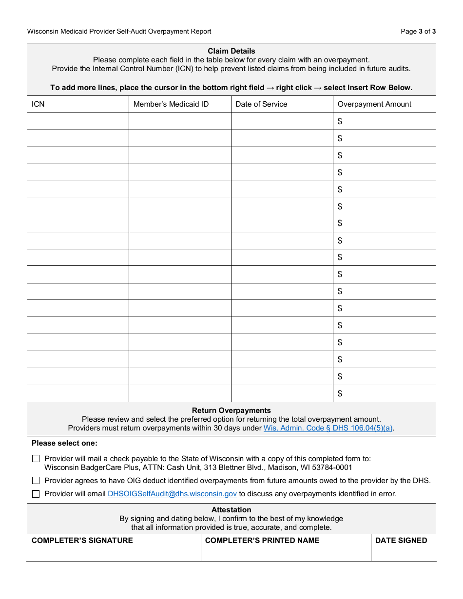 Form F-03263 Wisconsin Medicaid Provider Self-audit Overpayment Report - Wisconsin, Page 3