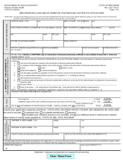 Form F-00123 Wisconsin Declaration of Domestic Partnership Certificate Application - Wisconsin