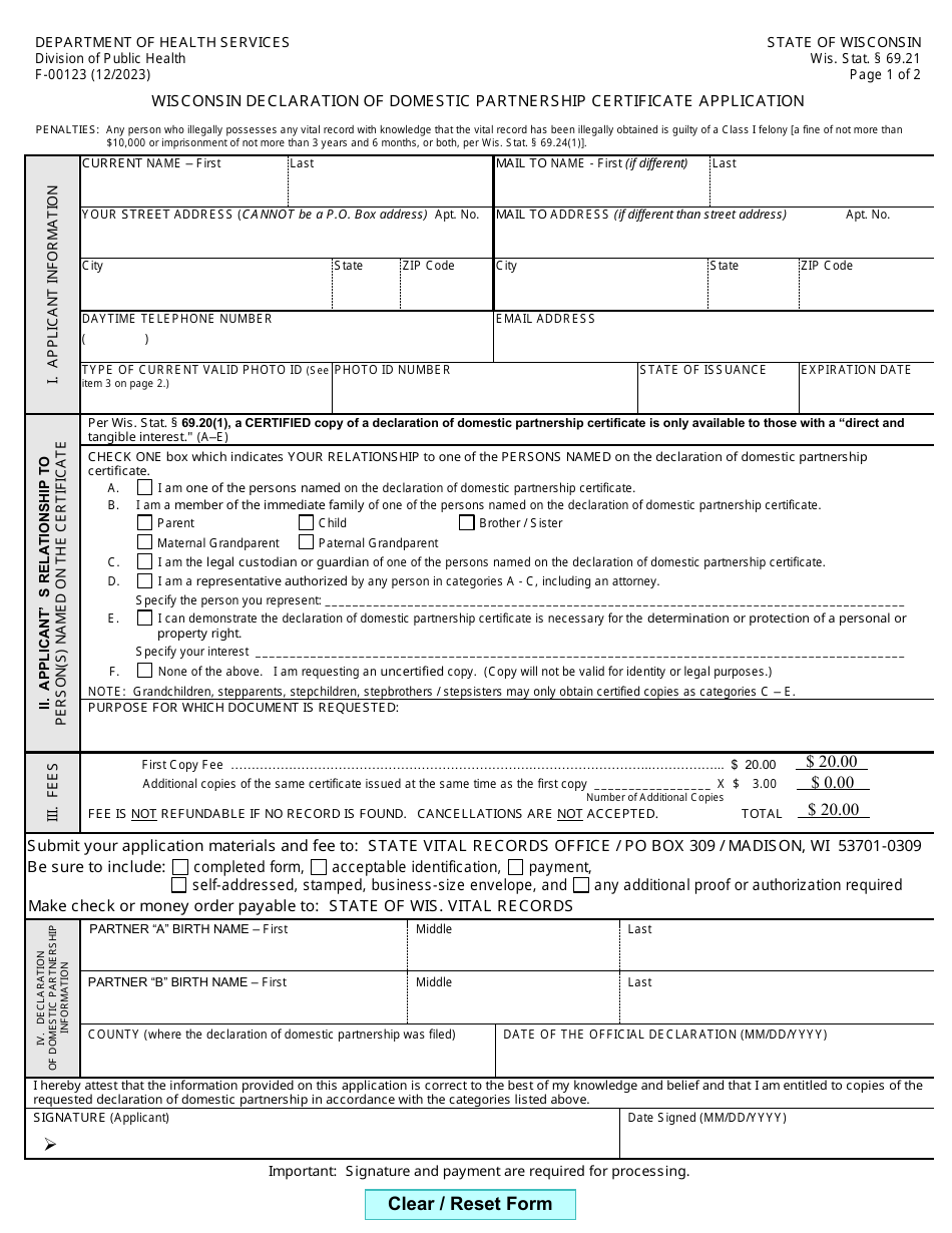 Form F-00123 Wisconsin Declaration of Domestic Partnership Certificate Application - Wisconsin, Page 1