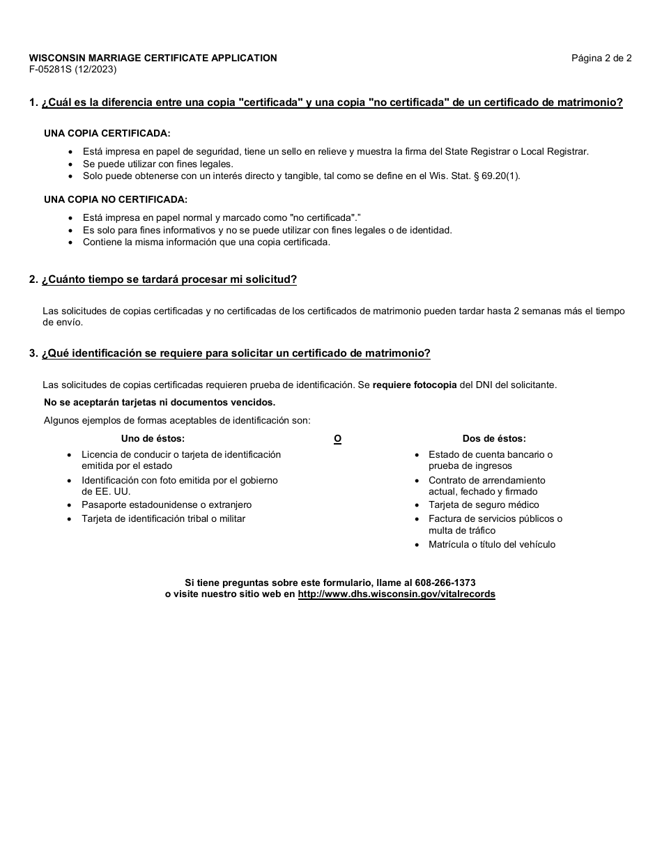 Formulario F-05281S Solicitud De Certificado De Matrimonio De Wisconsin - Wisconsin (Spanish), Page 2