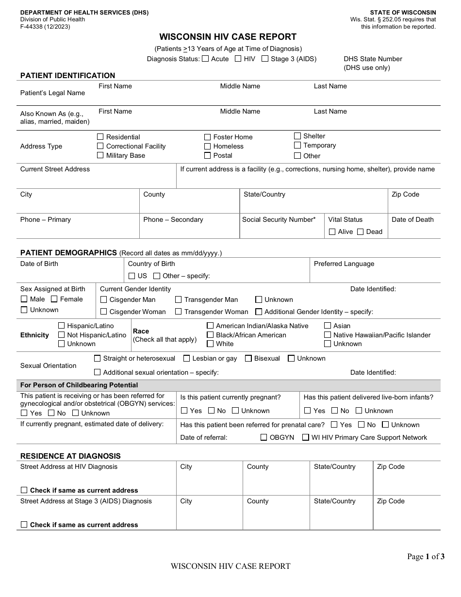 Form F-44338 Wisconsin HIV Case Report - Wisconsin, Page 1