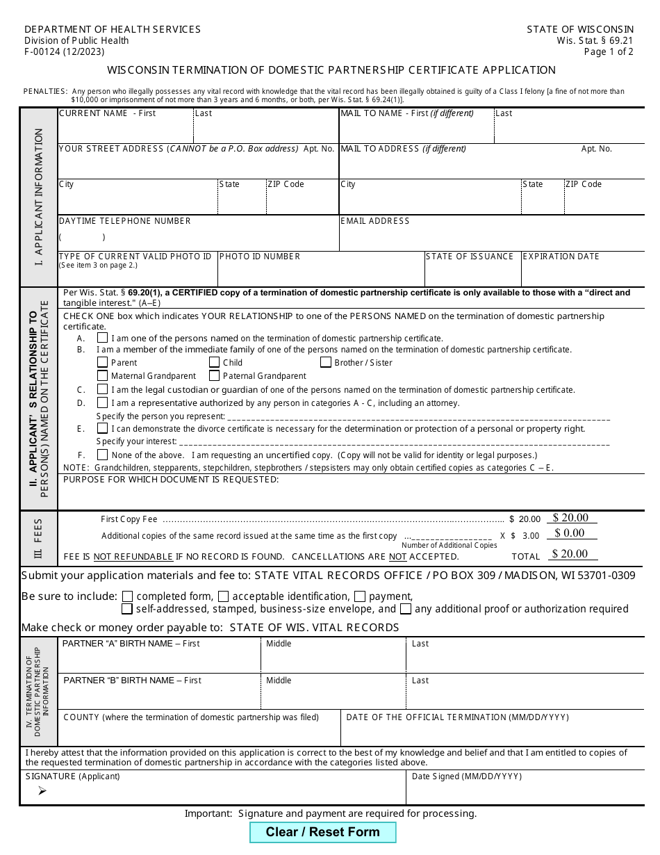 Form F-00124 Wisconsin Termination of Domestic Partnership Certificate Application - Wisconsin, Page 1