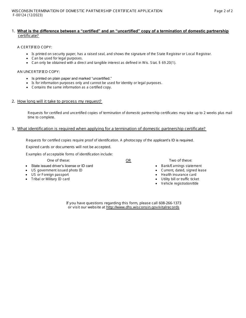 Form F 00124 Download Fillable Pdf Or Fill Online Wisconsin Termination Of Domestic Partnership 2882