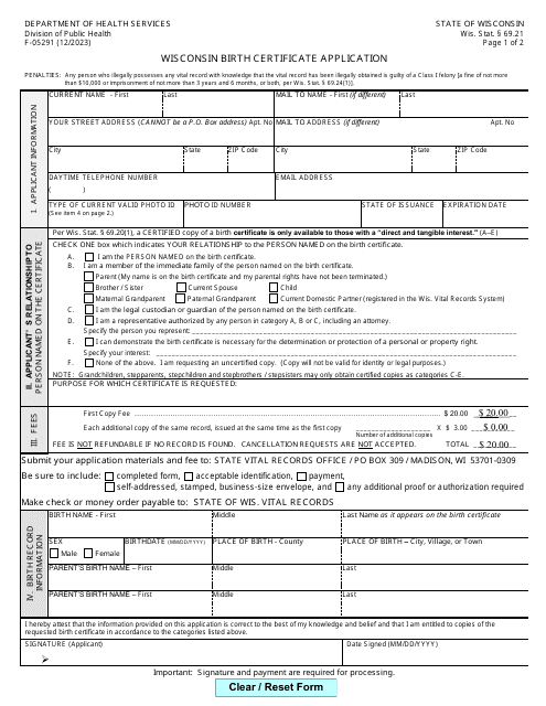 Form F-05291 Wisconsin Birth Certificate Application - Wisconsin