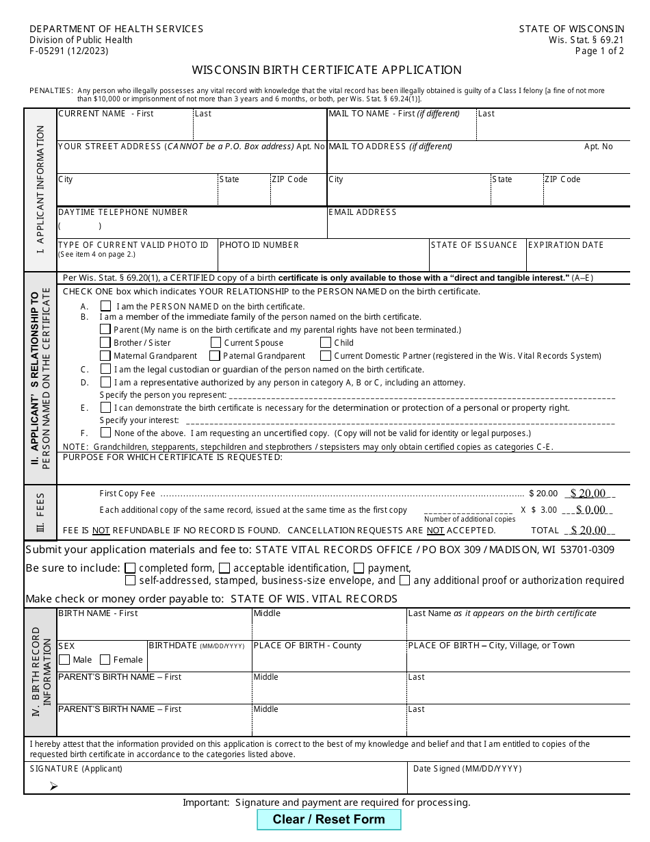 Form F-05291 Wisconsin Birth Certificate Application - Wisconsin, Page 1
