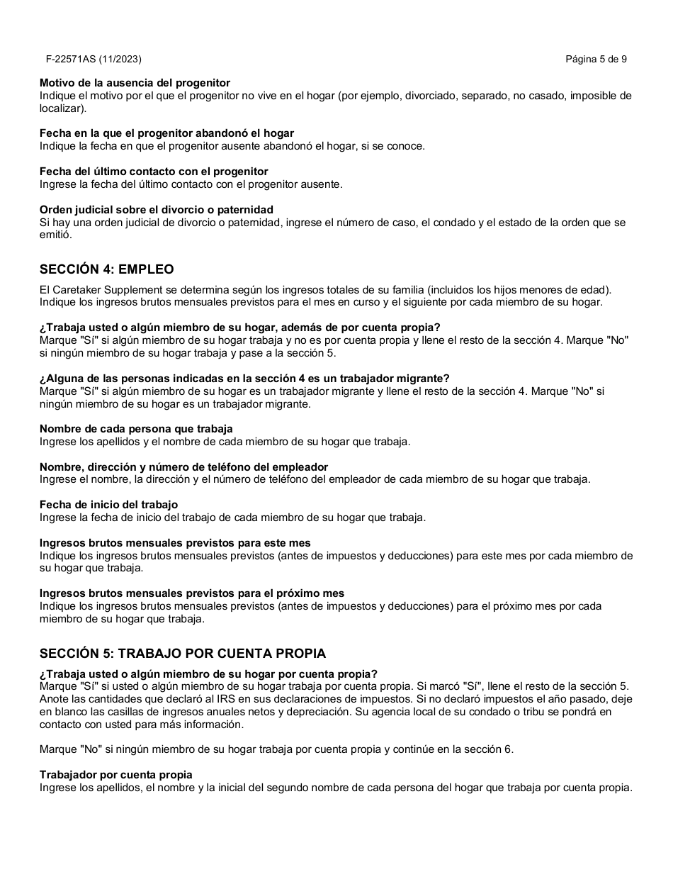 Instrucciones para Formulario F-22571 Caretaker Supplement Application - Wisconsin (Spanish), Page 5