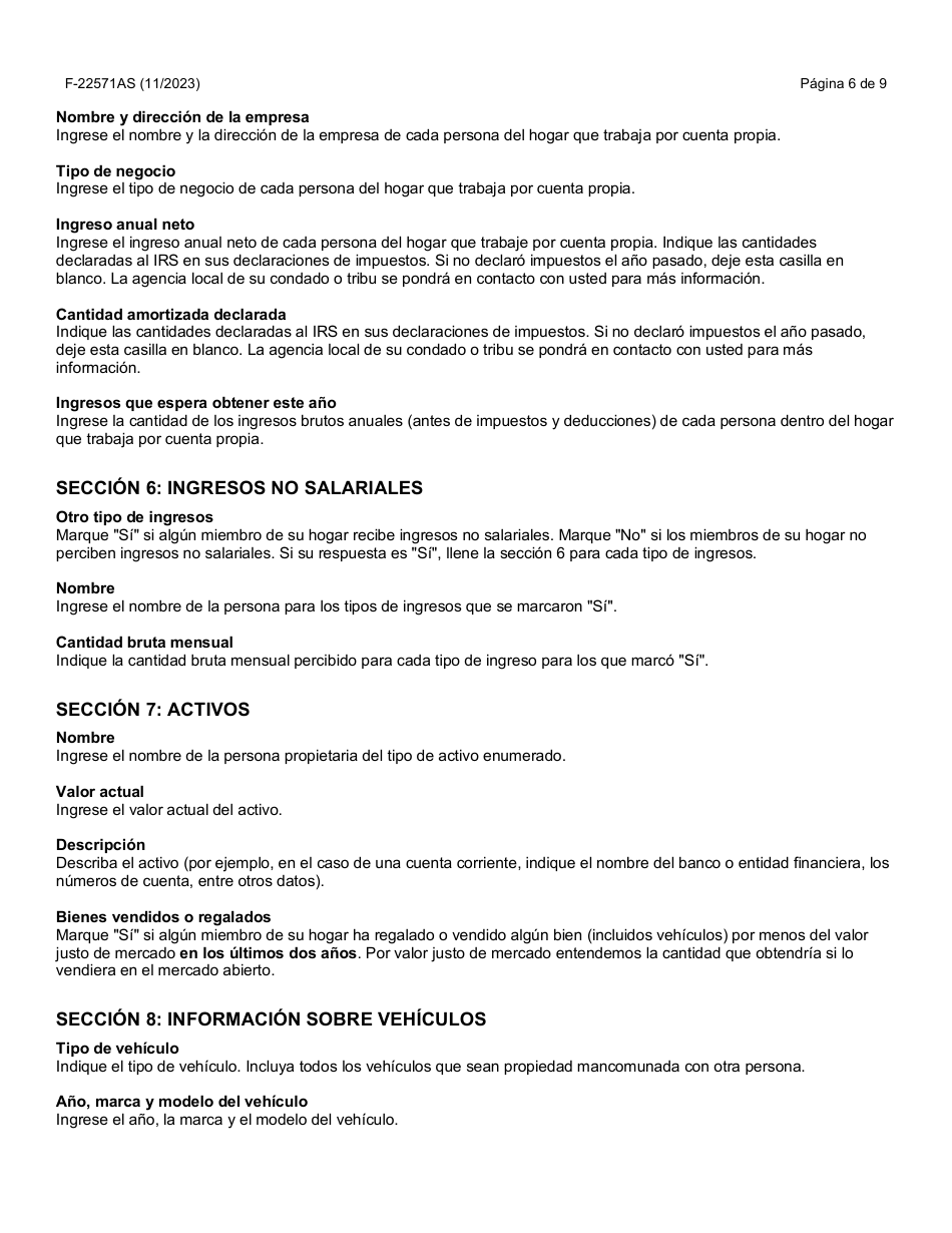 Instrucciones para Formulario F-22571 Caretaker Supplement Application - Wisconsin (Spanish), Page 6