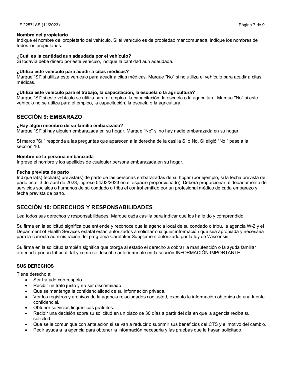 Instrucciones para Formulario F-22571 Caretaker Supplement Application - Wisconsin (Spanish), Page 7