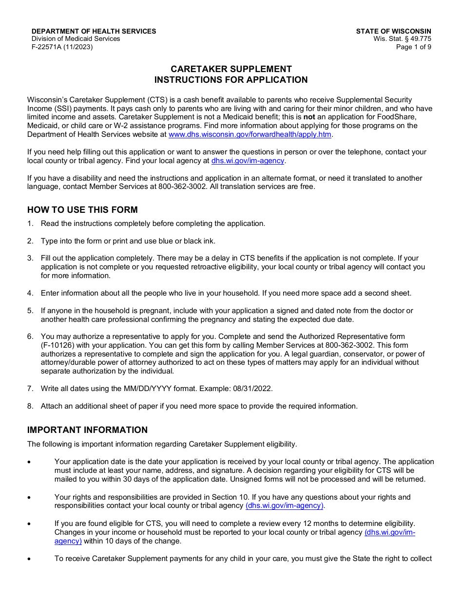 Download Instructions for Form F-22571 Caretaker Supplement Application ...