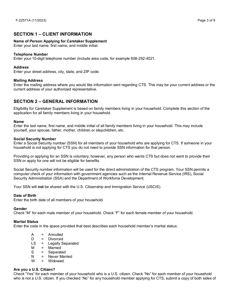 Instructions for Form F-22571 Caretaker Supplement Application - Wisconsin, Page 3