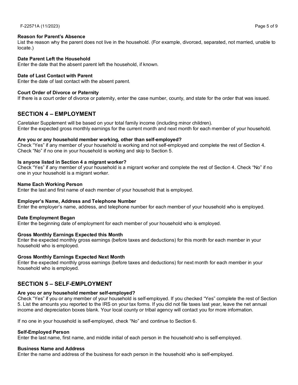 Instructions for Form F-22571 Caretaker Supplement Application - Wisconsin, Page 5