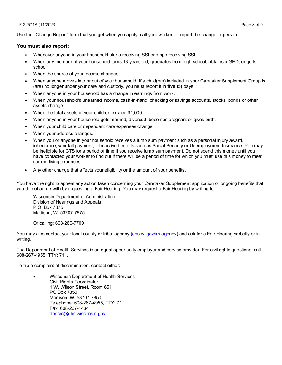 Instructions for Form F-22571 Caretaker Supplement Application - Wisconsin, Page 8