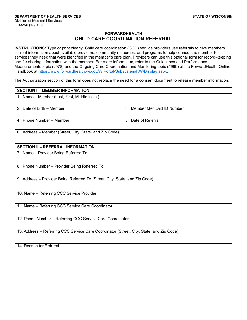 Form F-03256 Child Care Coordination Referral - Wisconsin, Page 1