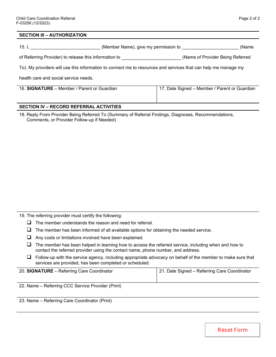 Form F-03256 Child Care Coordination Referral - Wisconsin, Page 2