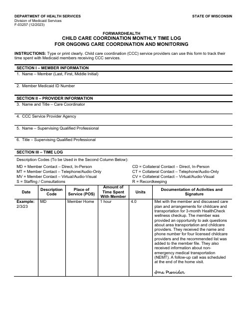 Form F-03257 Child Care Coordination Monthly Time Log for Ongoing Care Coordination and Monitoring - Wisconsin