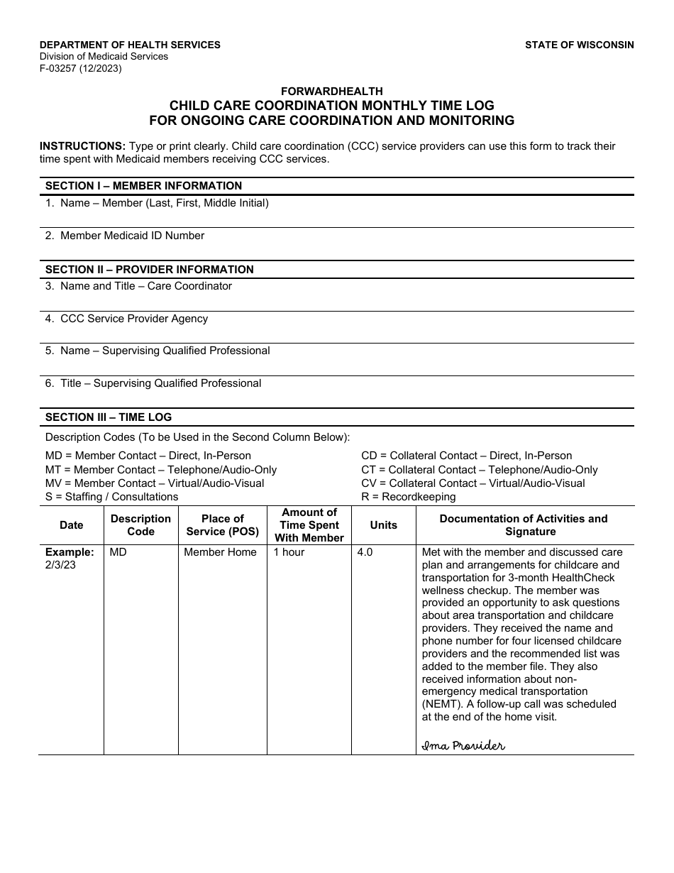 Form F-03257 Child Care Coordination Monthly Time Log for Ongoing Care Coordination and Monitoring - Wisconsin, Page 1
