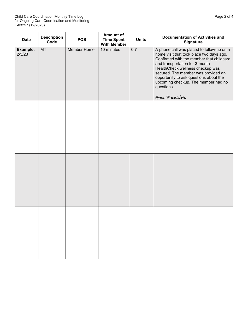 Form F-03257 Child Care Coordination Monthly Time Log for Ongoing Care Coordination and Monitoring - Wisconsin, Page 2