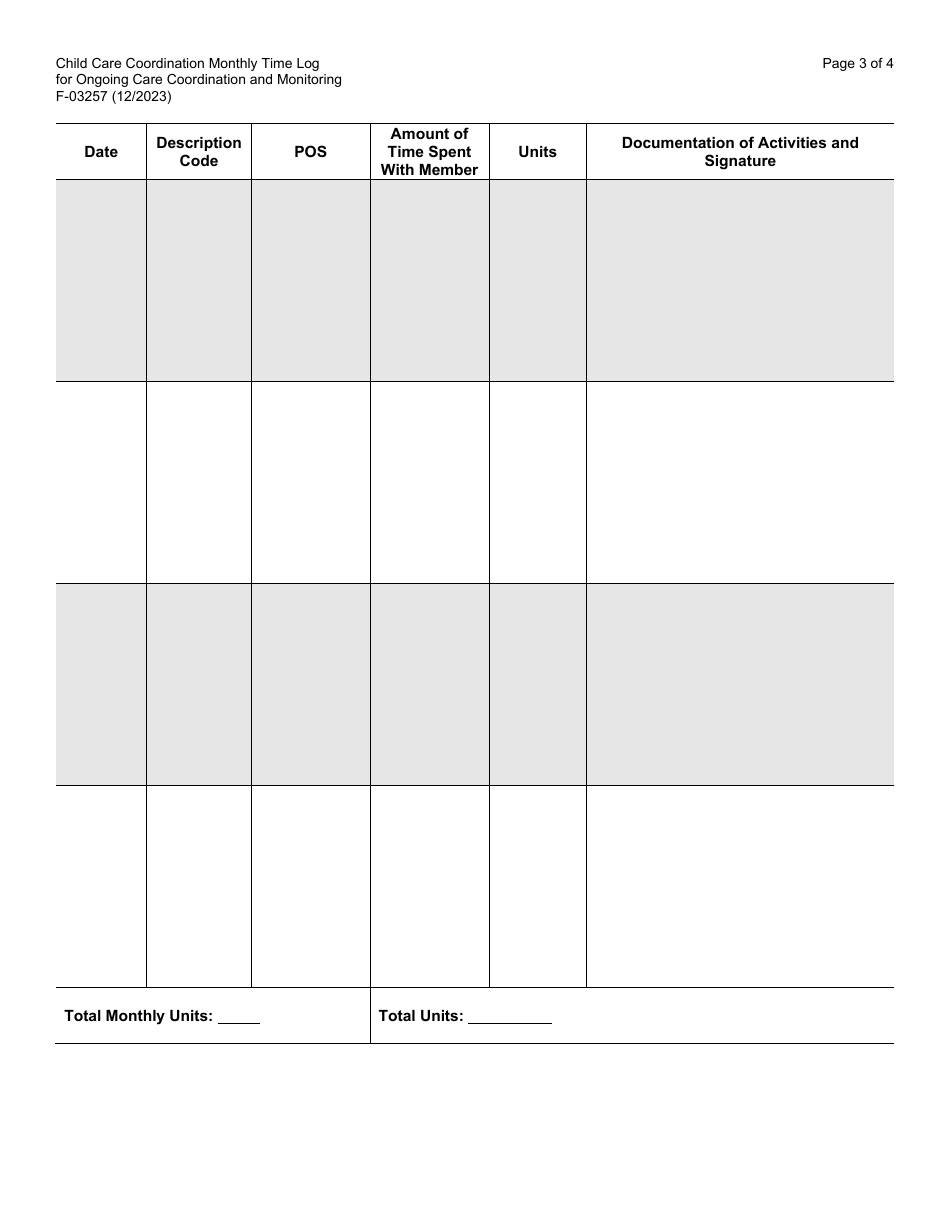 Form F-03257 Child Care Coordination Monthly Time Log for Ongoing Care Coordination and Monitoring - Wisconsin, Page 3