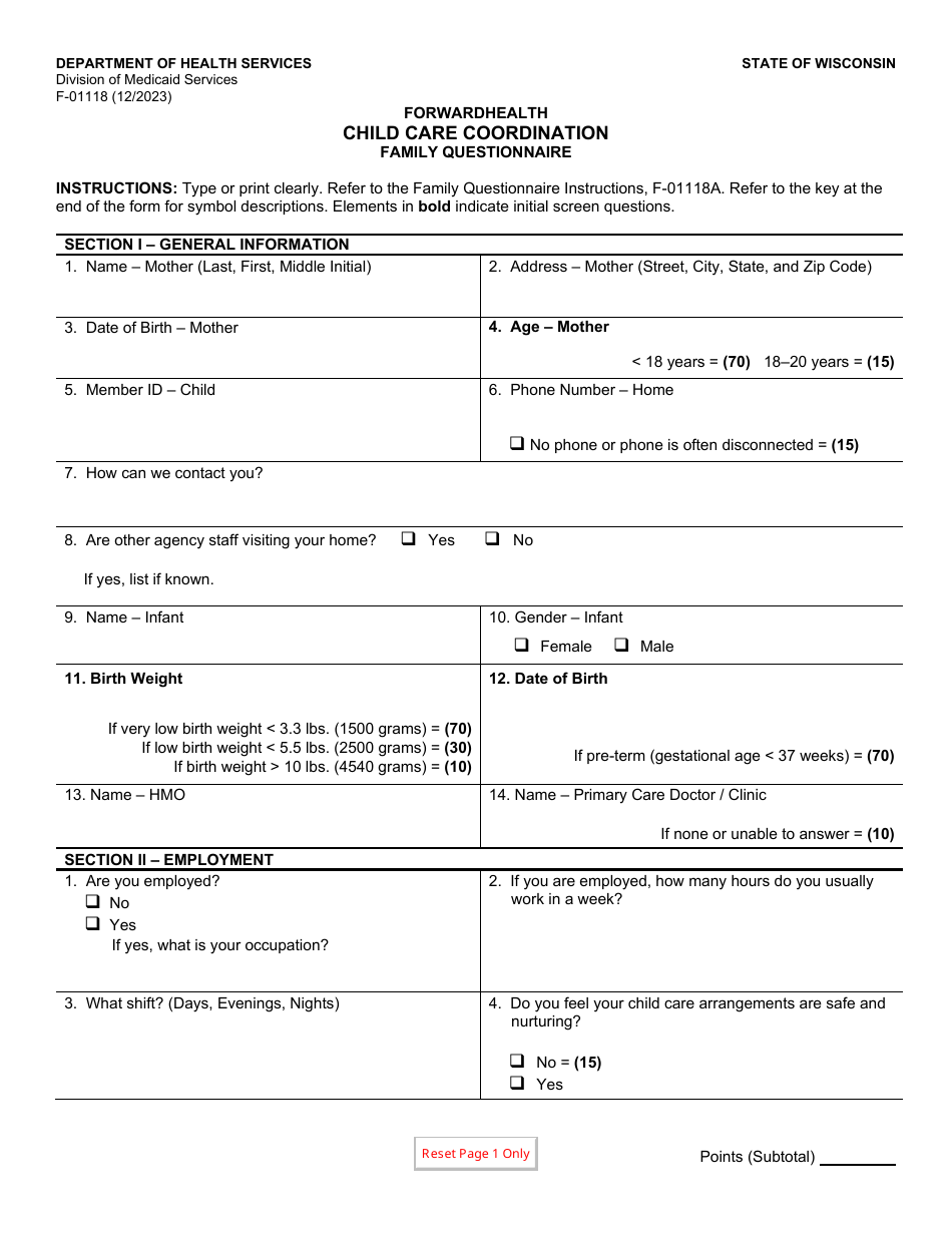 Form F-01118 Child Care Coordination Family Questionnaire - Wisconsin, Page 1