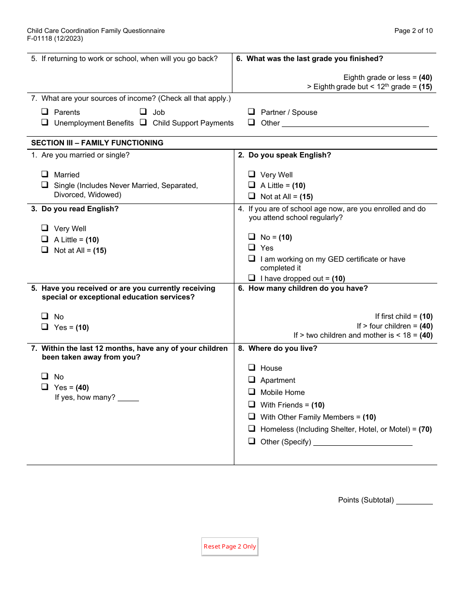 Form F-01118 Child Care Coordination Family Questionnaire - Wisconsin, Page 2
