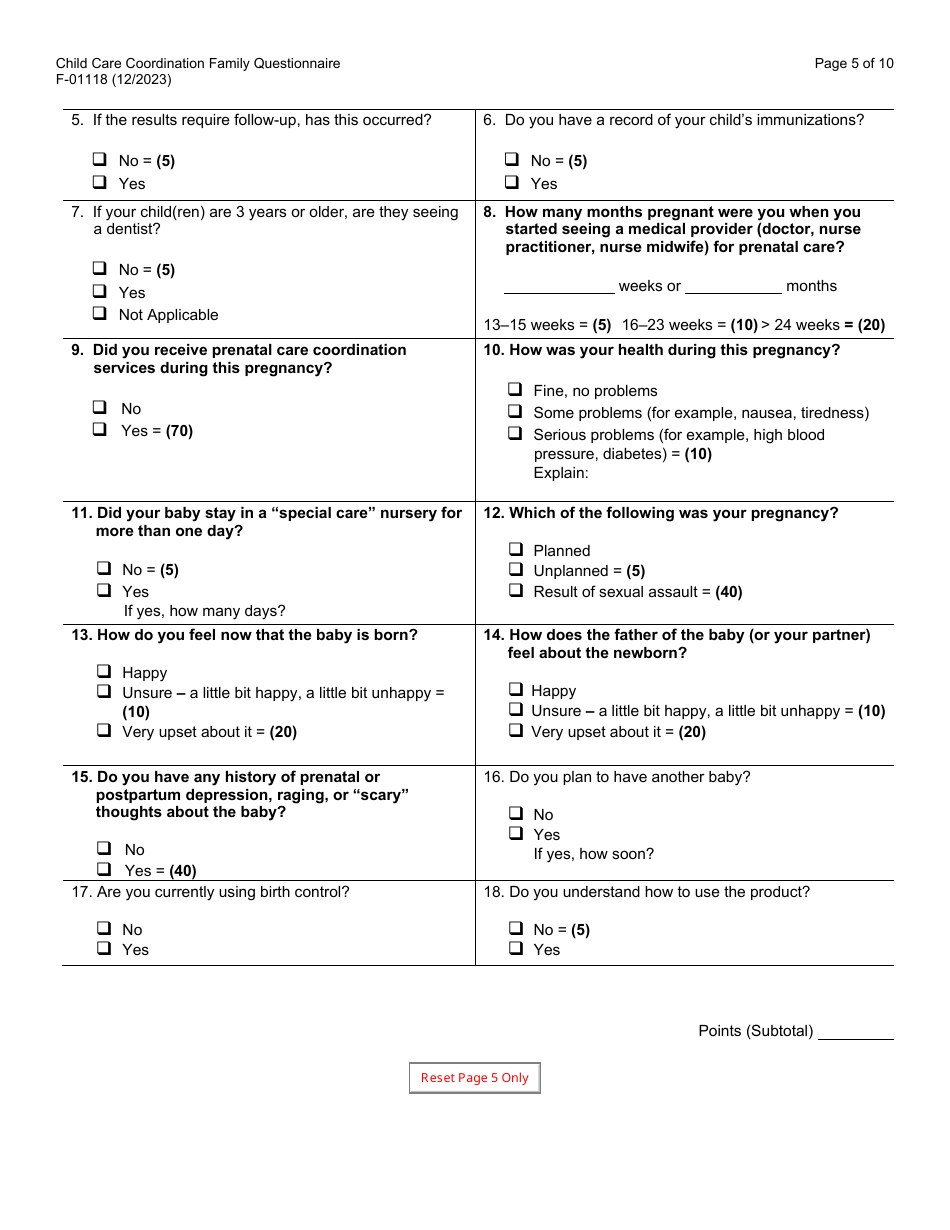Form F-01118 Child Care Coordination Family Questionnaire - Wisconsin, Page 5