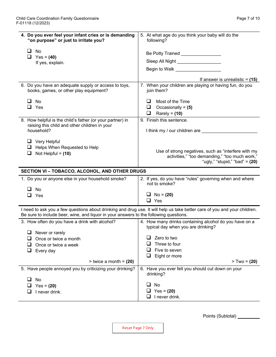 Form F-01118 Child Care Coordination Family Questionnaire - Wisconsin, Page 7