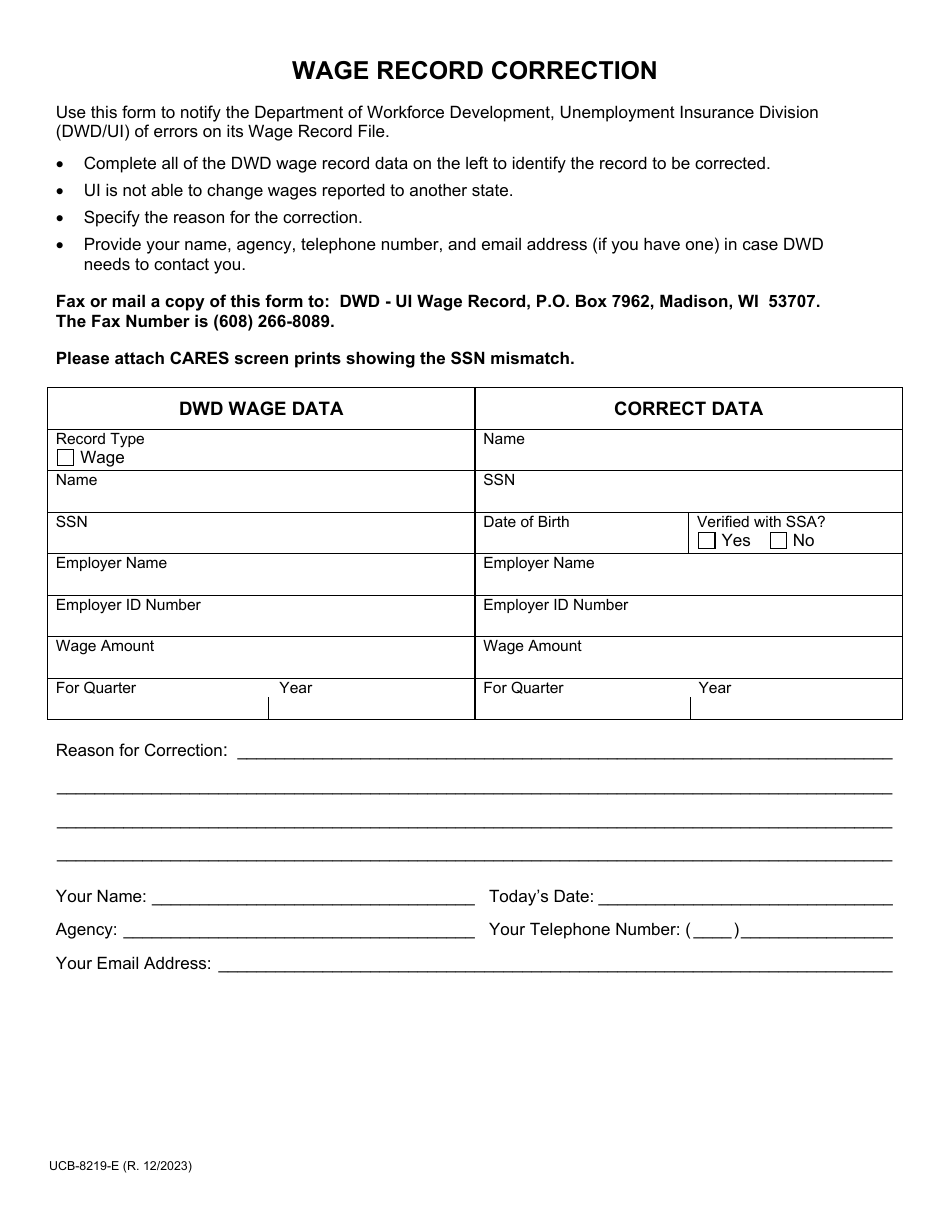 Form UCB-8219-E Wage Record Correction - Wisconsin, Page 1