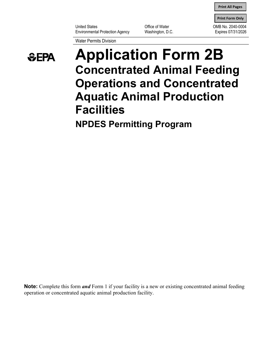 NPDES Form 2B (EPA Form 3510-2B) Application for Npdes Permit to Discharge Wastewater - Concentrated Animal Feeding Operations and Concentrated Aquatic Animal Production Facilities, Page 1